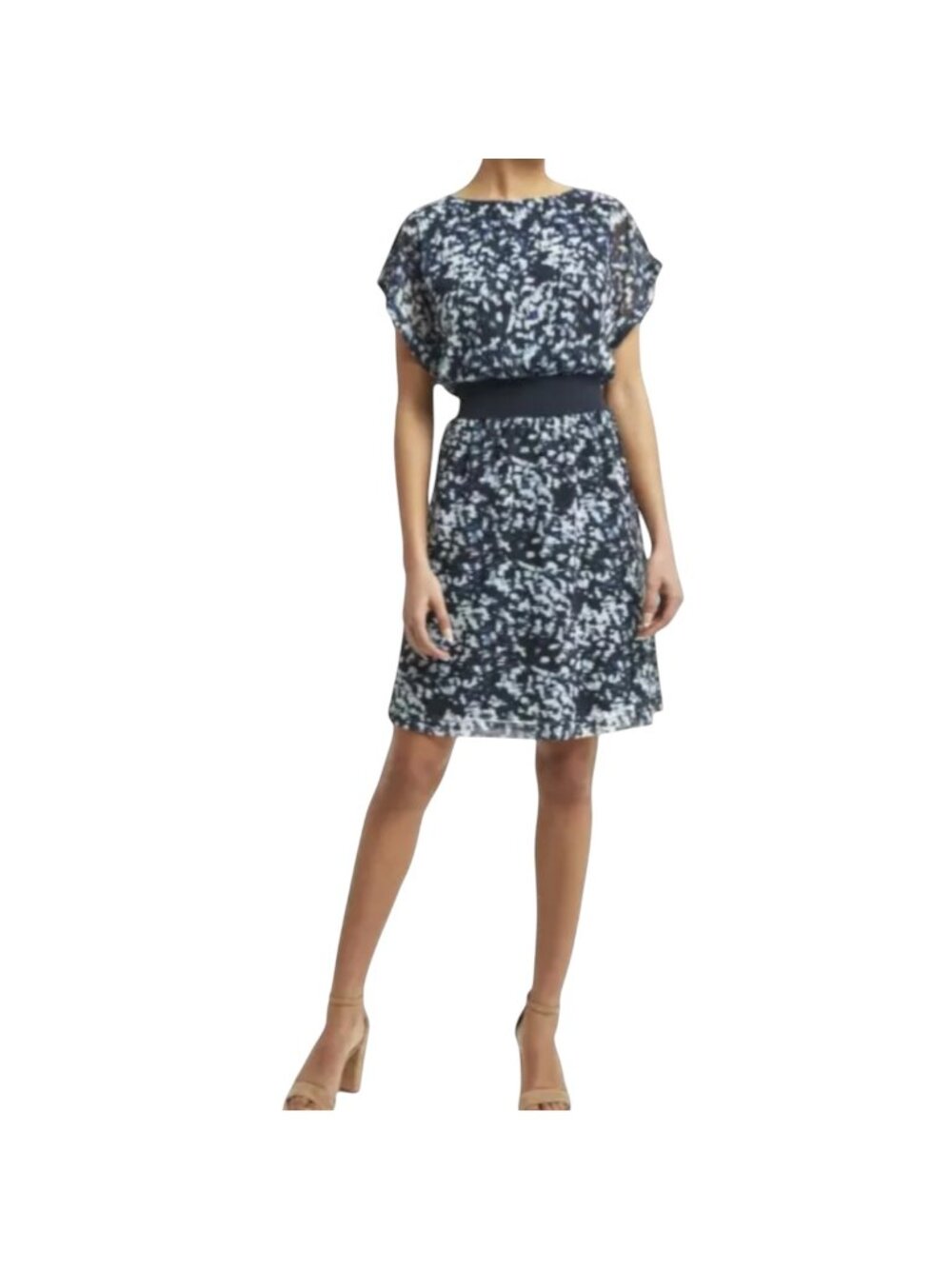 H by Halston Women's Blue Brush Stroke Tiered Blouson Dress, Cap Sleeves Size M